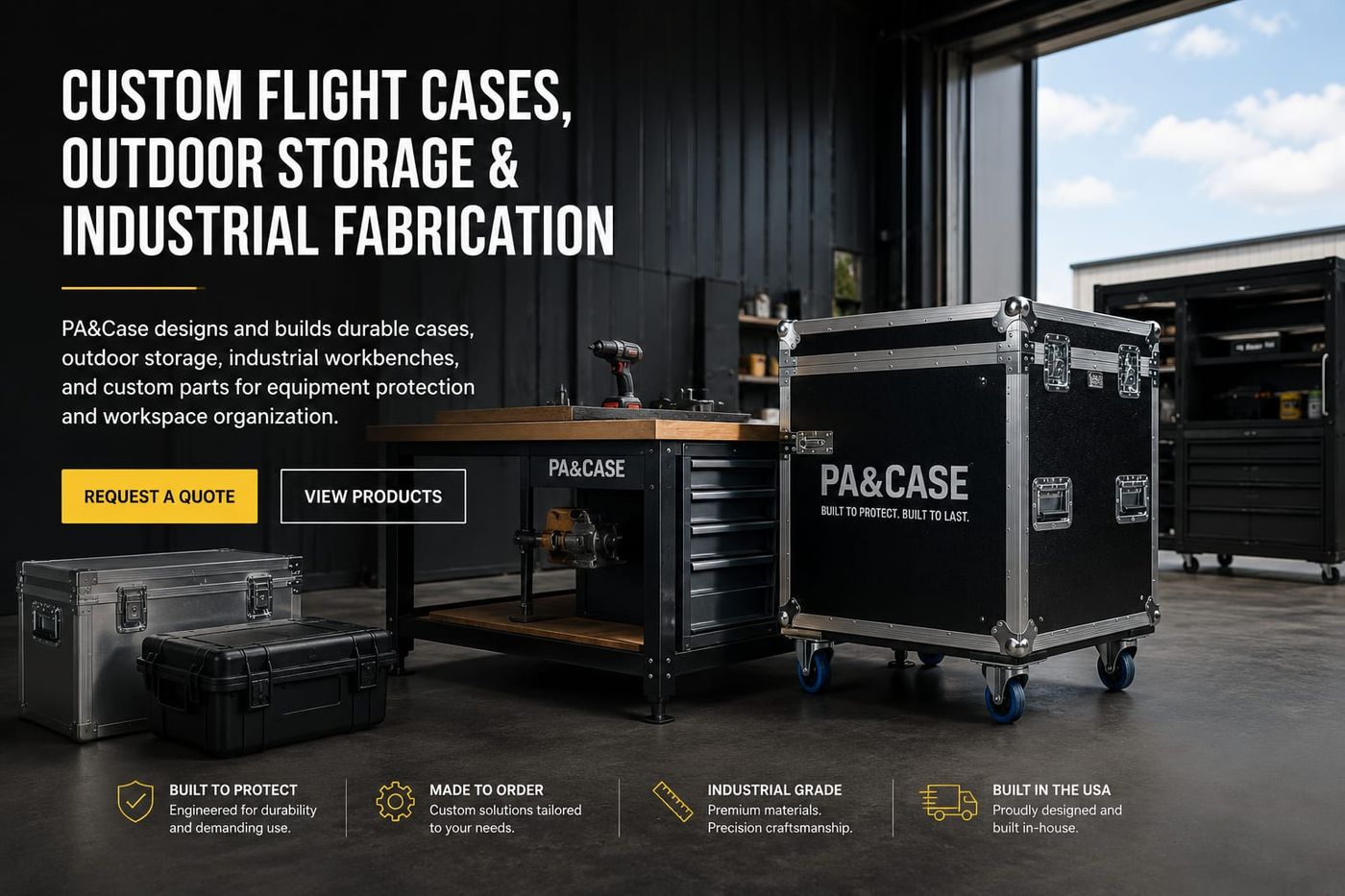 PA&Case custom flight cases, outdoor storage boxes, and industrial workbench in a modern workshop